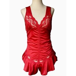 Vintage Vtg 80s Shiny Satin Caprice Teddy Bodysuit Sz Medium Red Lace Trim Fairy
